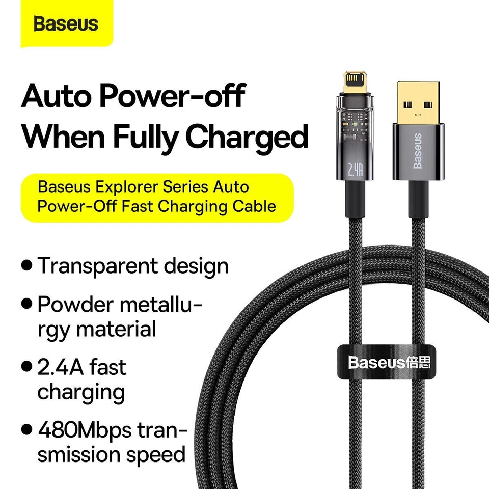 Baseus 2.4A Smart Auto Power-Off USB Fast Charging Cable For iPhone 14 13 12 11 - Image 4 of 4