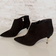 Brian Atwood Shoes Leather 6 Boots Black Pull On Ankle Bootie Heeled Gold Point