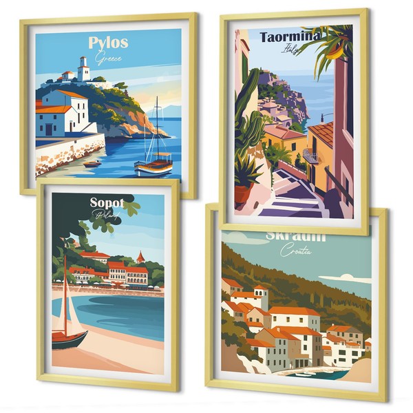 Wohnzimmer Poster Set Im Rahmen Illustrationen Von KüStenstäDten Golden Rahmen-image