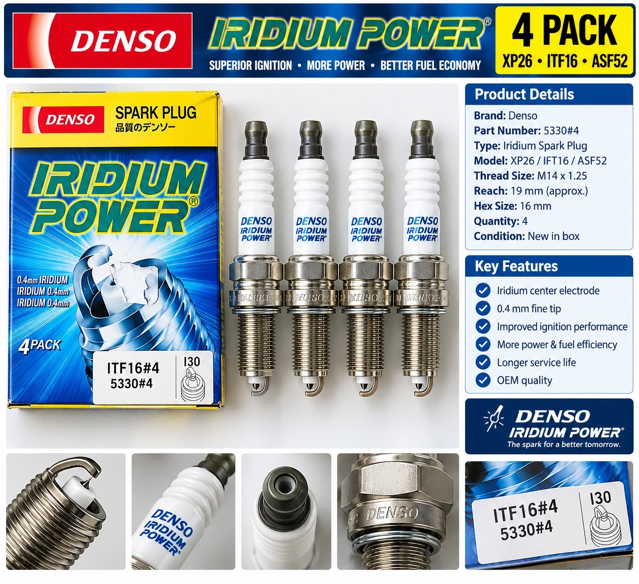 4pc DENSO 5330 Iridium Power Spark Plugs for XP26 ITF16 ASF52 ASF42P hx
