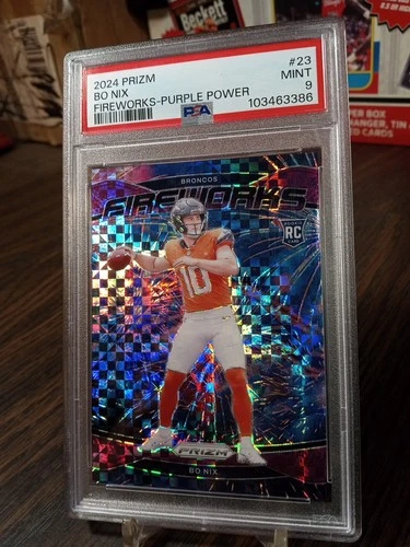 2024 Panini Prizm Bo Nix RC Fireworks Purple Power Prizm SSP 04/49 PSA 9 Mint
