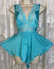 Vtg RARE L TURQUOISE NYLON TEDDY Romper nightie step in w Inset Lace olga esque