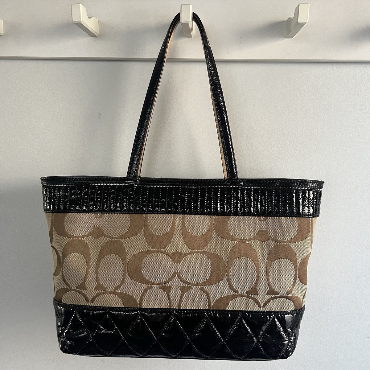 Coach Poppy Signature Quilted Tote Bag #18676 Tan Canvas Black