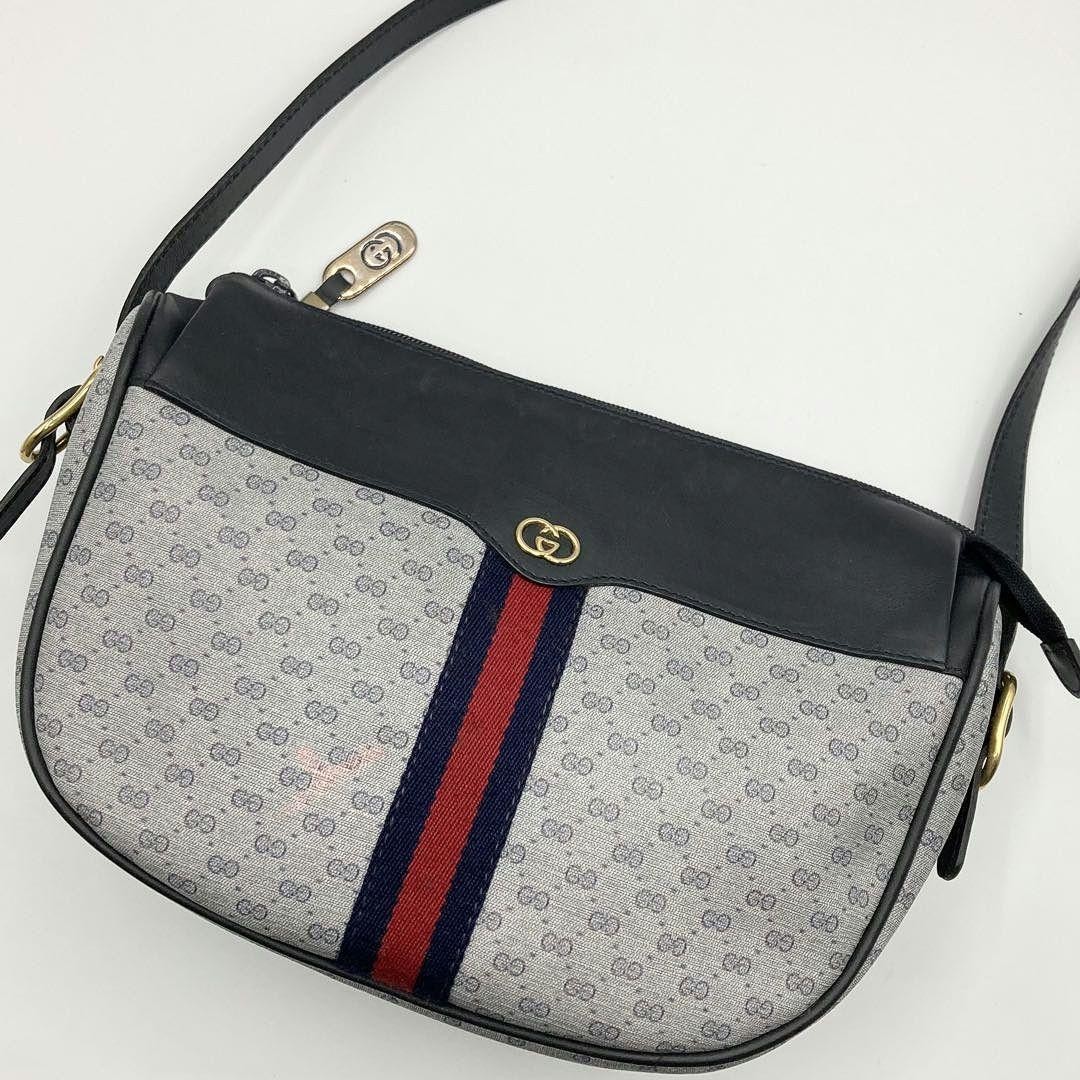 GUCCI Shelley Line Navy Leather PVC Micro GG Shoulder Bag From Japan