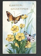E594 Easter Antique Postcard Butterflies on Flowers Orchids Grass