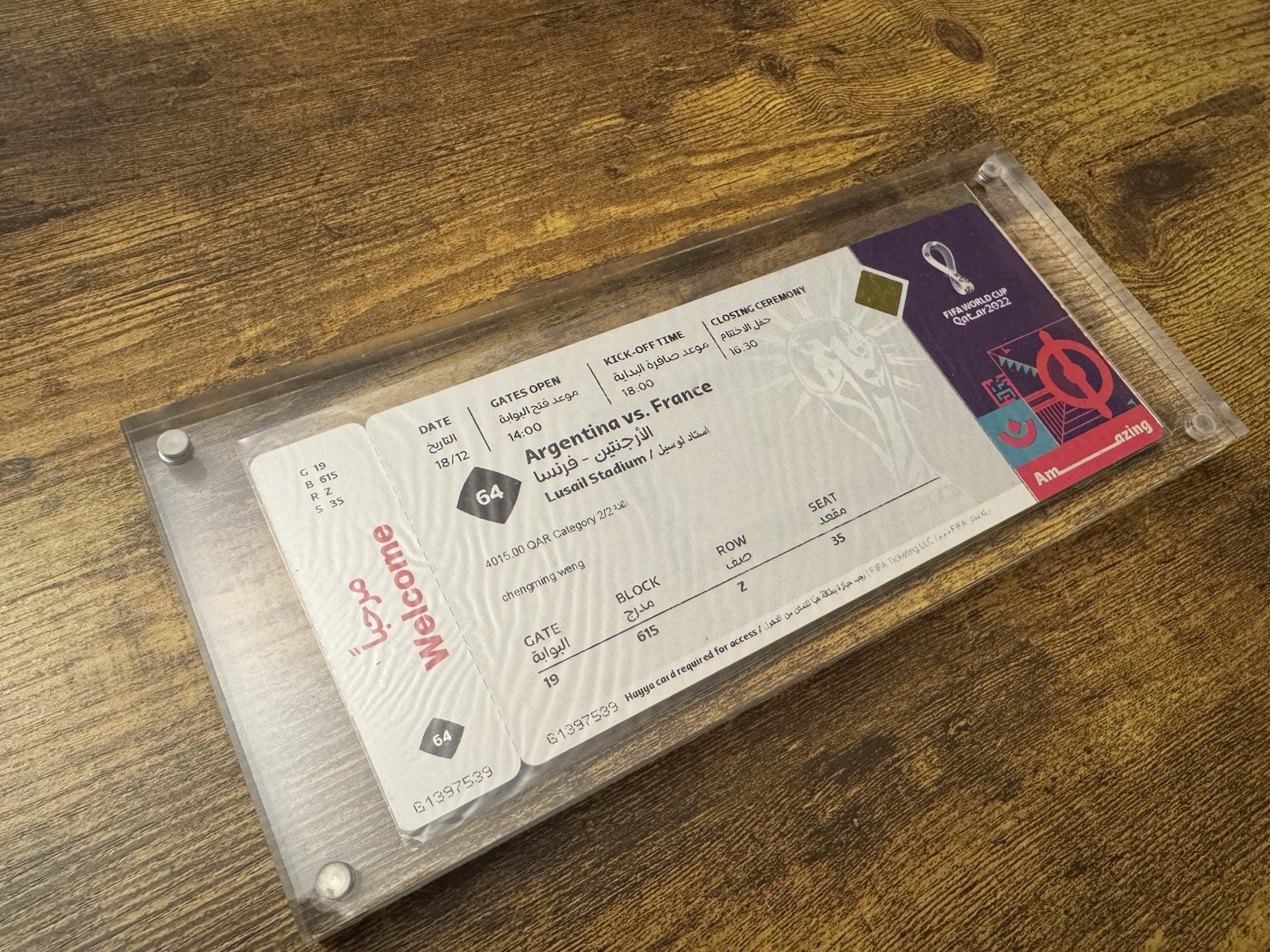 FIFA World Cup Final Original Ticket Argentina vs France. Excellent condition