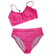Womens Large Pink Ribbed High Waisted Bikini Set With Adjustable Straps