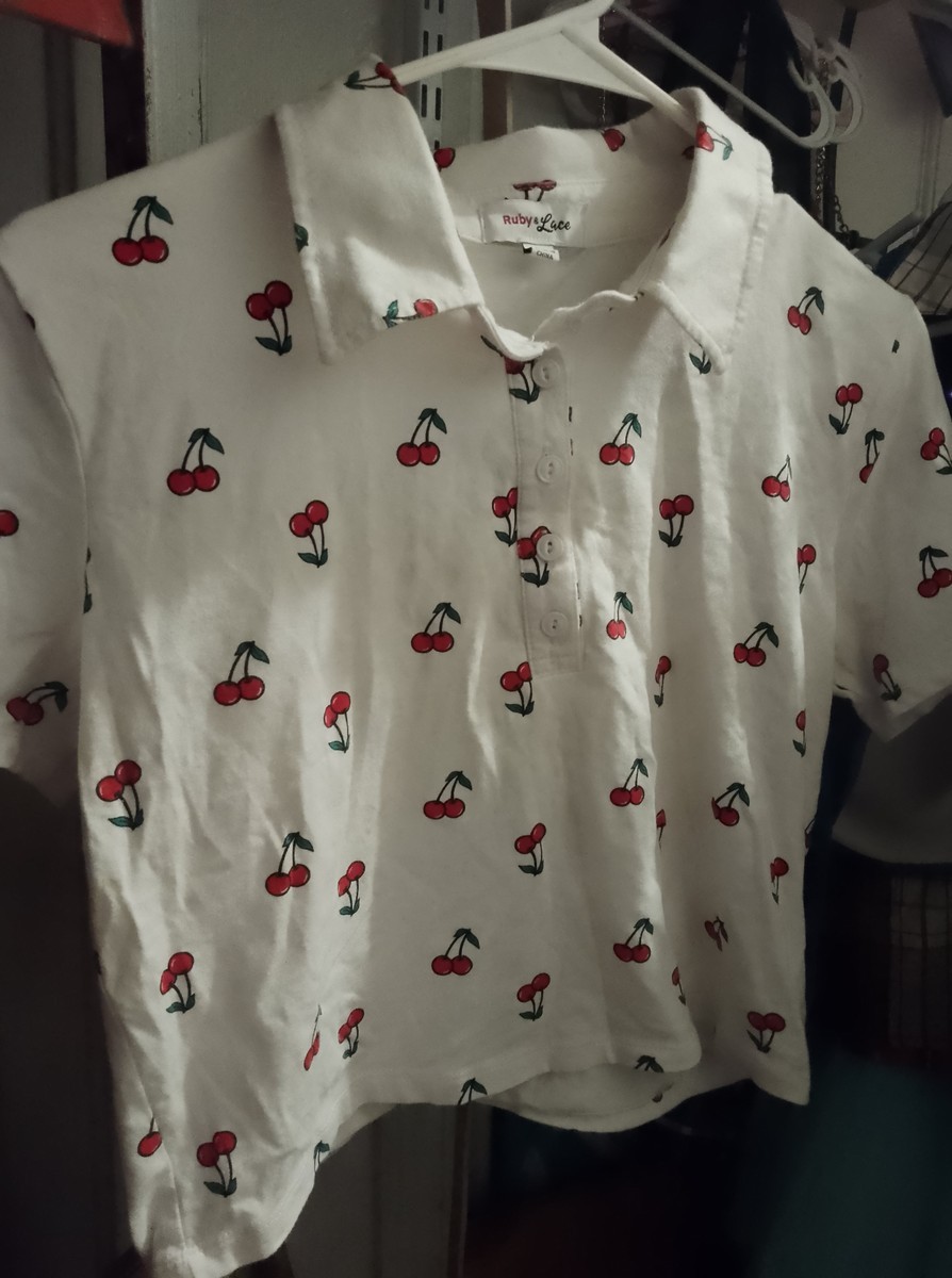 Ruby & Luce Cherry Print Cropped Polo Shirt - image 1