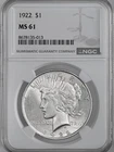 1922-P  $1 PEACE SILVER DOLLAR  "PHILADELPHIA MINT"  NGC MS61 #8678135-013