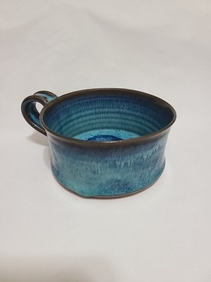 Beautiful Handmade Soup Mug Studio Pottery Blue Glazed Handle Hand Thrown Signed
