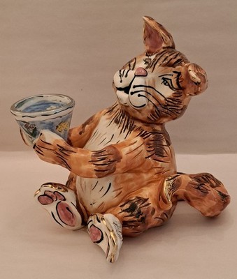 2009 Blue Sky Heather Goldminc Ginger Tabby Cat Fishbowl Tealight Candle Holder