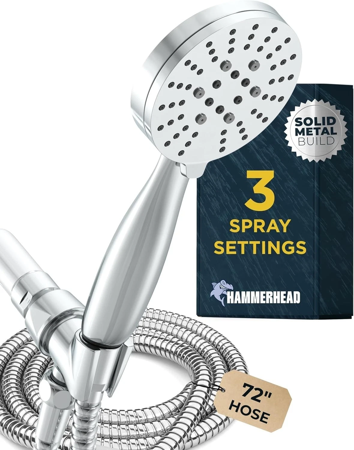 Solid Metal 3-Spray Handheld Shower Head with Long Hose and Holder - CHROME - 2.