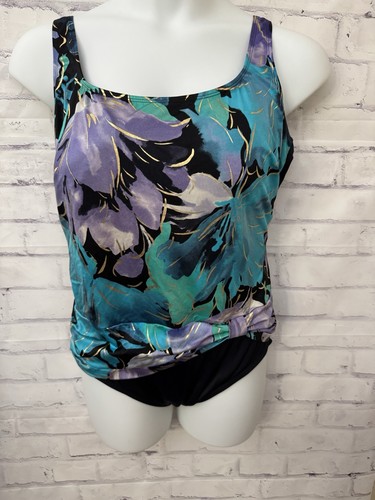 Great Lengths Plus Size 20 Black Purple Gold Floral Slimming One Piece Swimsuit