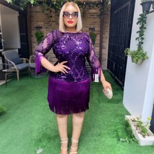 African Women Sequin Tassel Maxi Dress Evening Bodycon Formal Gown Prom Ladies