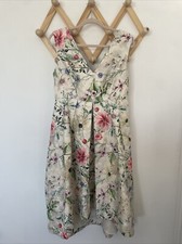 M&S Ivory Green Pink Floral Jacquard Prom Evening Formal V-Neck Lined Dress 14