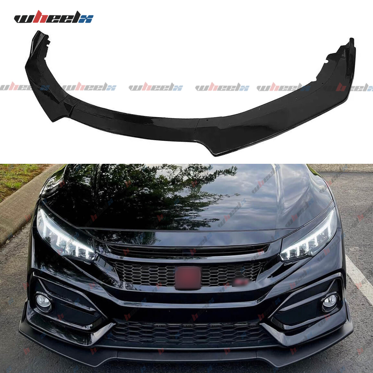Gloss Black Front Bumper Lip Body Kit Spoiler For 2016-2021 Honda Civic Sedan/Si/Hatchback - 3-Piece By WheelX