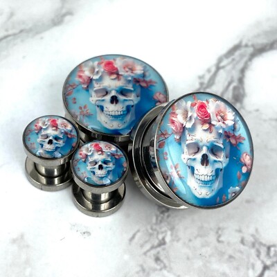 Pair of Screw on Flower Skull STYLE 2 Picture Plugs gauges 16g thru 1 inch