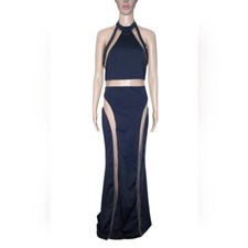NWOT Fashion Nova Luxe Women's black nude sheer panel halter formal dress Size M