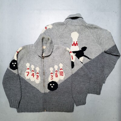 Vtg 50s Bowling Wool Cowichan Sweater Cardigan Shawl Collar Hand