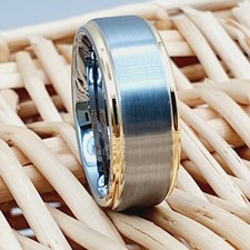 Yellow Gold Tungsten Ring Men's Tungsten Band, Stepped Two Tone Ring Unique Ring
