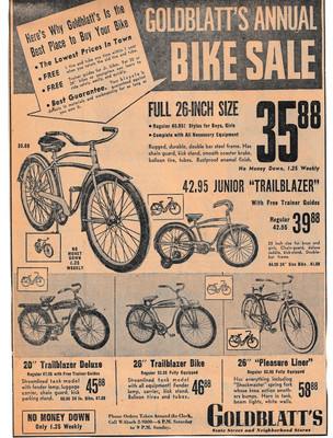 Goldblatt's Annual Bike Sale Trailblazer Junior Trailblazer Pleasure Liner 1953