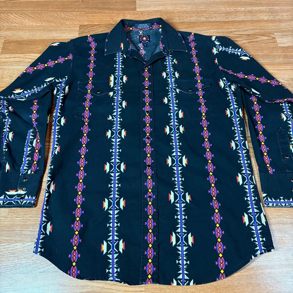 Camisa Vaquera Azteca Negra Botón A Presión Perla Occidental Delgada De Colección Panhandle Para Hombres talla M Foto 2 de 4