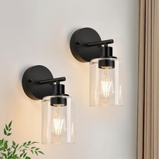 Set of 2 Wall Sconces, Matte Black Modern Vanity Lights, Clear Glass Shade