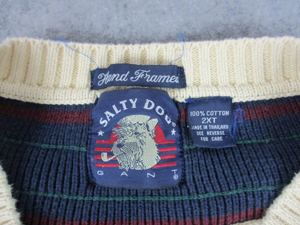 Suéter Gant Salado Perro Para Hombres 2XL Alto Crema Borgoña Rayas Cuello en V Enmarcado a Mano Foto 3 de 4