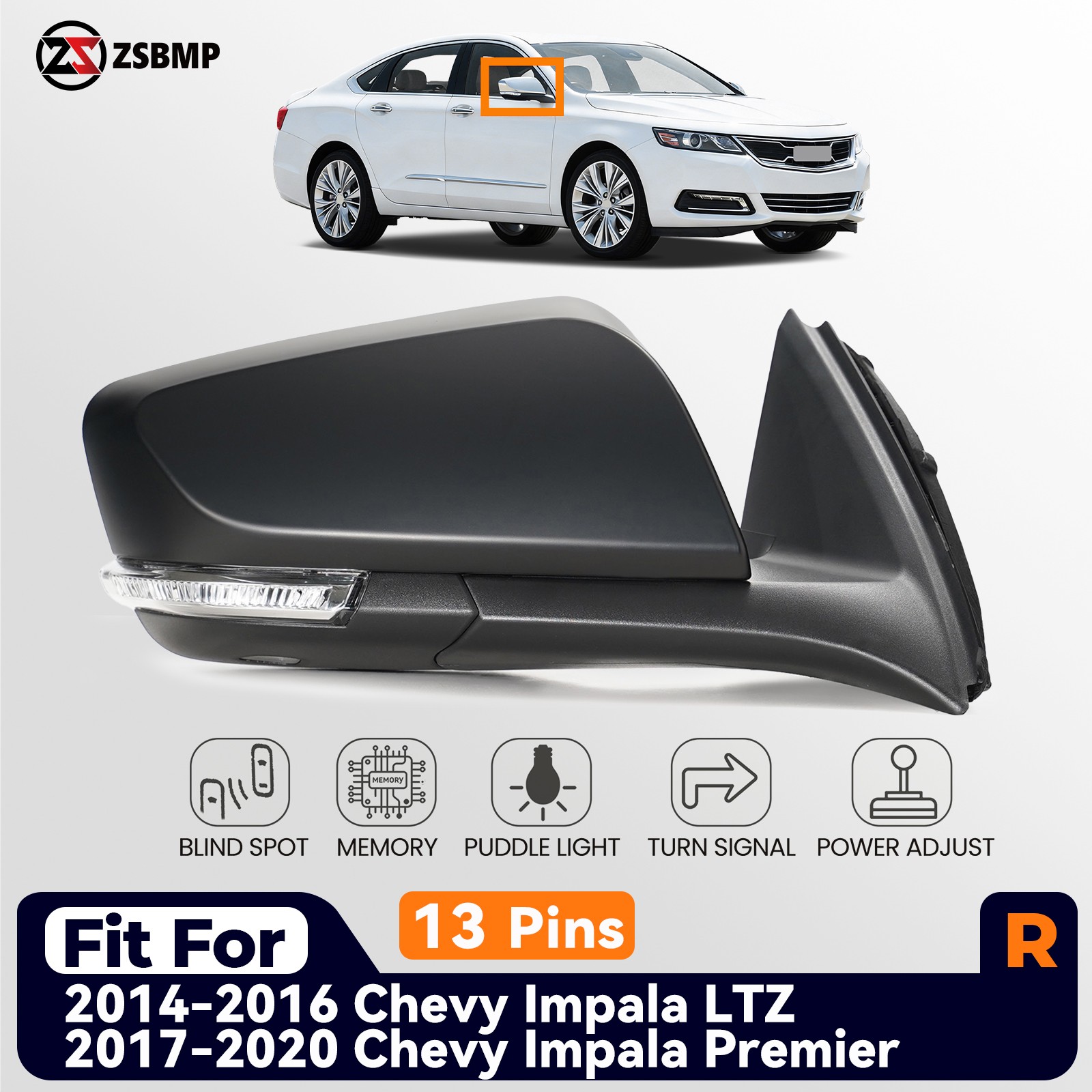Right Side Mirror For 2014-2020 Chevy Impala w/BSD &Memory &Turn Signal 13 Pins