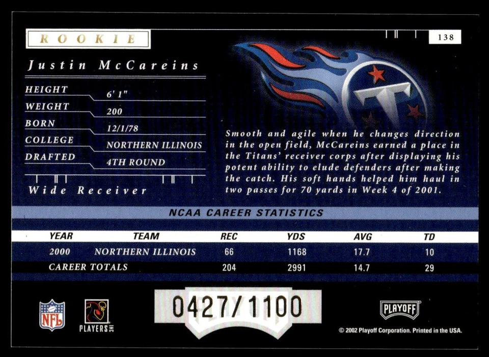 2001 Playoff Preferred #138 Justin McCareins /1100 Tennessee Titans - Image 2 of 2