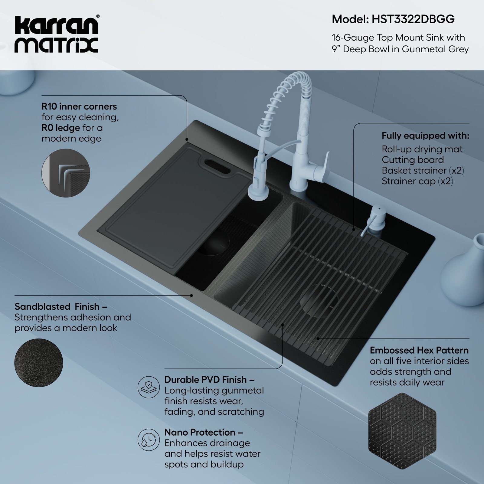 Karran USA HST3322DB Matrix 33" Drop In Double Basin Stainless - Stainless Steel