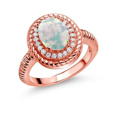 1.26 Ct Oval Cabochon White Simulated Opal 18K Rose Gold Plated Silver Halo Ring