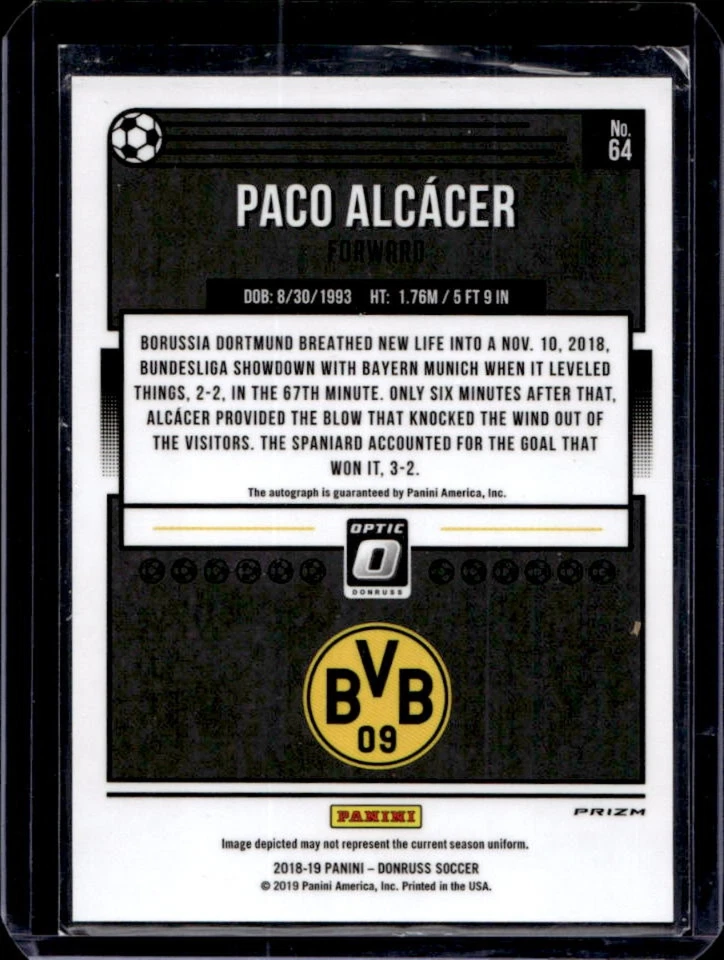 2018 Donruss Paco Alcacer Optic Auto #64 Dortmund - Image 2 of 2