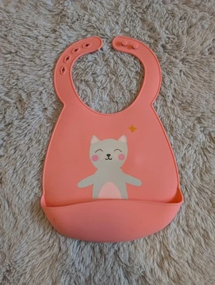 Silikon Baby Lätzchen abwaschbar wasserdicht in rosa mit Katze - Bild 1 von 2