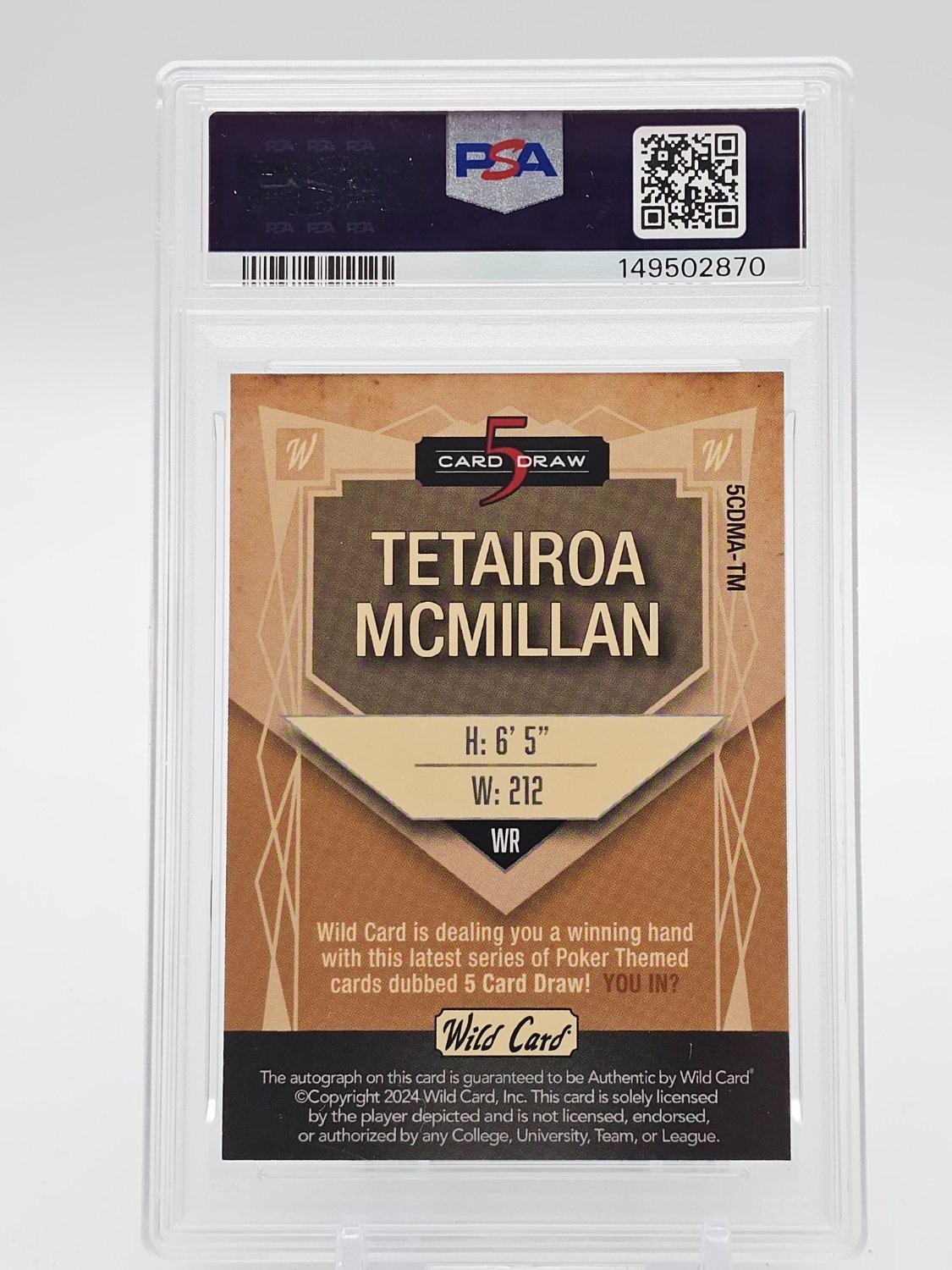TETAIROA MCMILLAN 2024 WILD CARD ROOKIE AUTO MDRN RED BLACK/GOLD 1/1 PSA 9 Q4725 view 2
