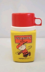 Vintage Peanuts Thermos Plastic Yellow Charlie Brown 8 Oz With Cup 1950