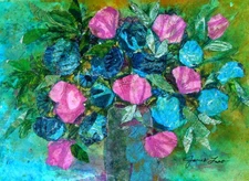 JANET LEO  SFA  ORIGINAL MIXED MEDIA   COLLAGE  "FULL BLOOM"     floral