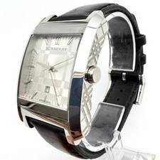 BURBERRY Quartz Date Watch Rectangle White Dial Black Leather 16-22 cm