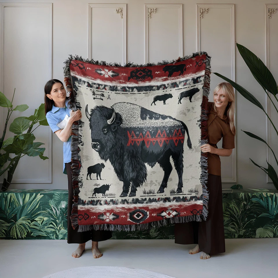 Vintage Buffalo Southwestern Bison Woven Blanket Cozy Animal Home Decor Gift - Image 3 of 4