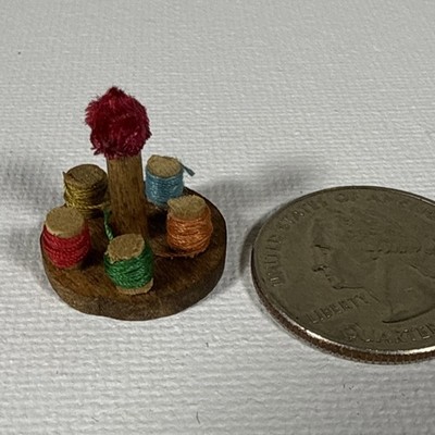 Vintage Artisan Made Thread Caddy & Pin Cushion Dollhouse Miniature 1:12