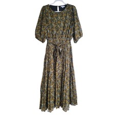 Baltic Born Floral Short Puff Sleeves Flowy Belted Midi Dress Smocked Pleated XL