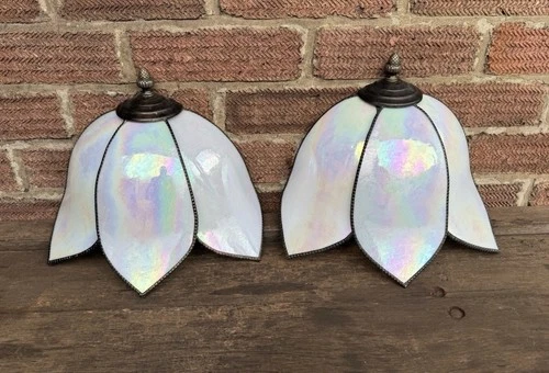 Vintage Pair Mother Of Pearl Slag Glass Tiffany Wall Sconce Lamp Shade Light