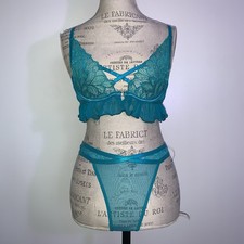 Frederick s of Hollywood Teal Lace Mesh Floral Sheer Bralette Bra Set