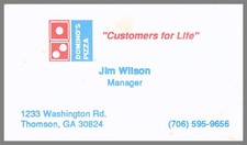 Domino's Pizza Jim Wilson Manager Thomson GA Business Card Vintage