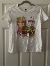 MTV I Want My Burger Graphic Women&rsquo;s White Cap Sleeve Top T-Shirt Large