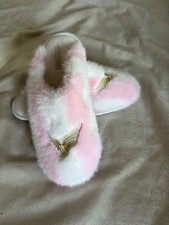 Victoria's Secret Faux Fur Slippers Pink White Tie Dye Gold Wing Logo Size L