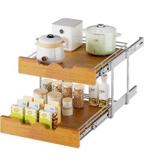 DINDON 2 Tier Pull Out Cabinet Organizer 20" W x 21" D Slide Out Wood Shelf