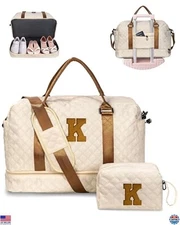 Initial Duffle Bag with Shoe Compartment, Personalized Weekender Bag, Monogram
