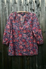 Size L - CHAPS Women's Floral 100% Cotton Peasant Blouse 
