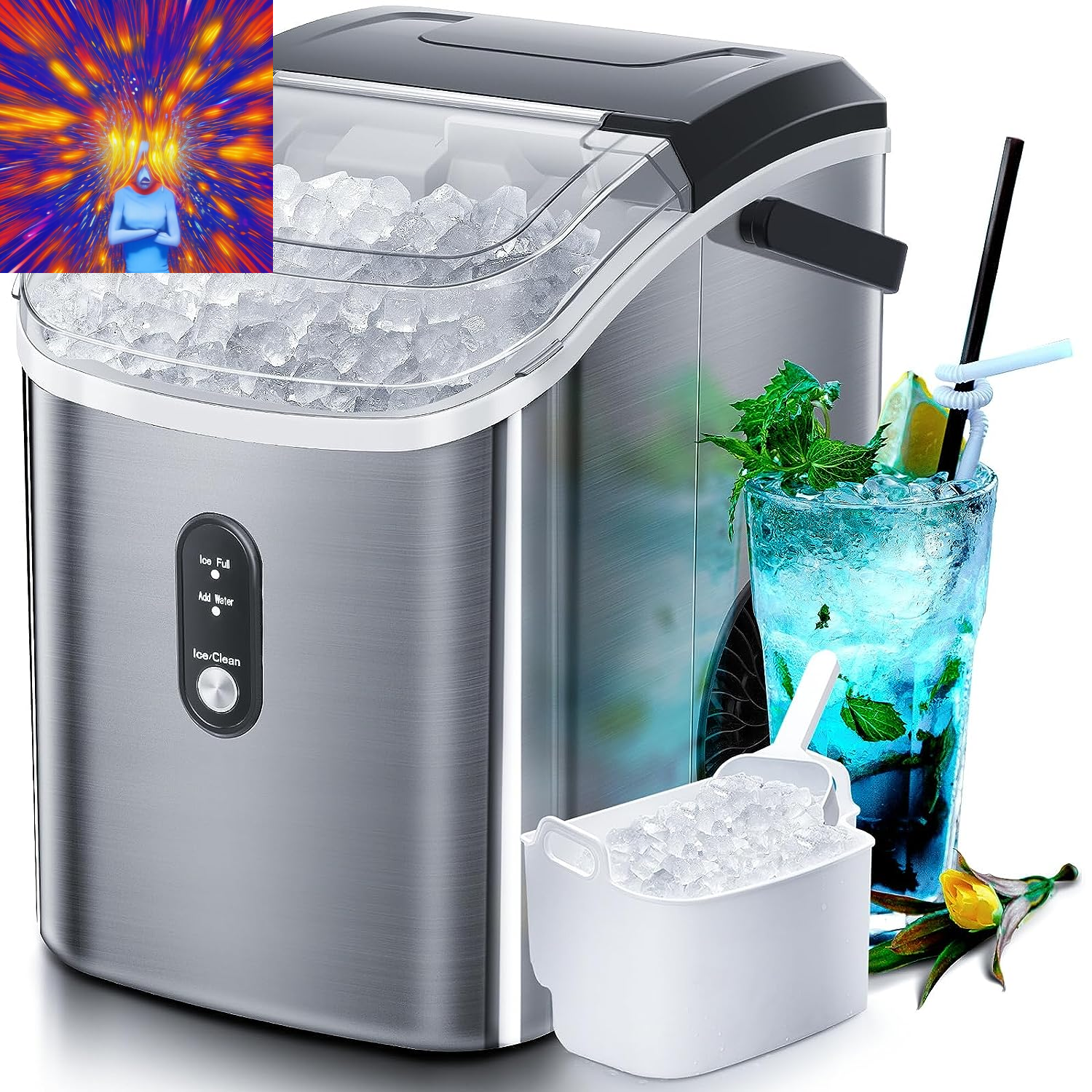 Nugget Countertop Ice Maker with Soft Chewable Ice, 34Lbs/24H, Pebble Portable I